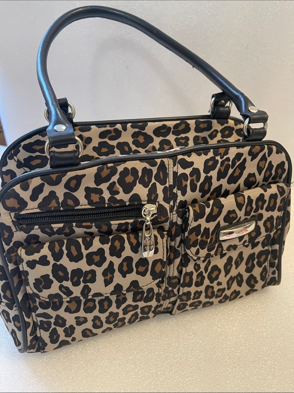 S Collection Leopard Print Shoulder Bag with Front Pockets - Beige and Black